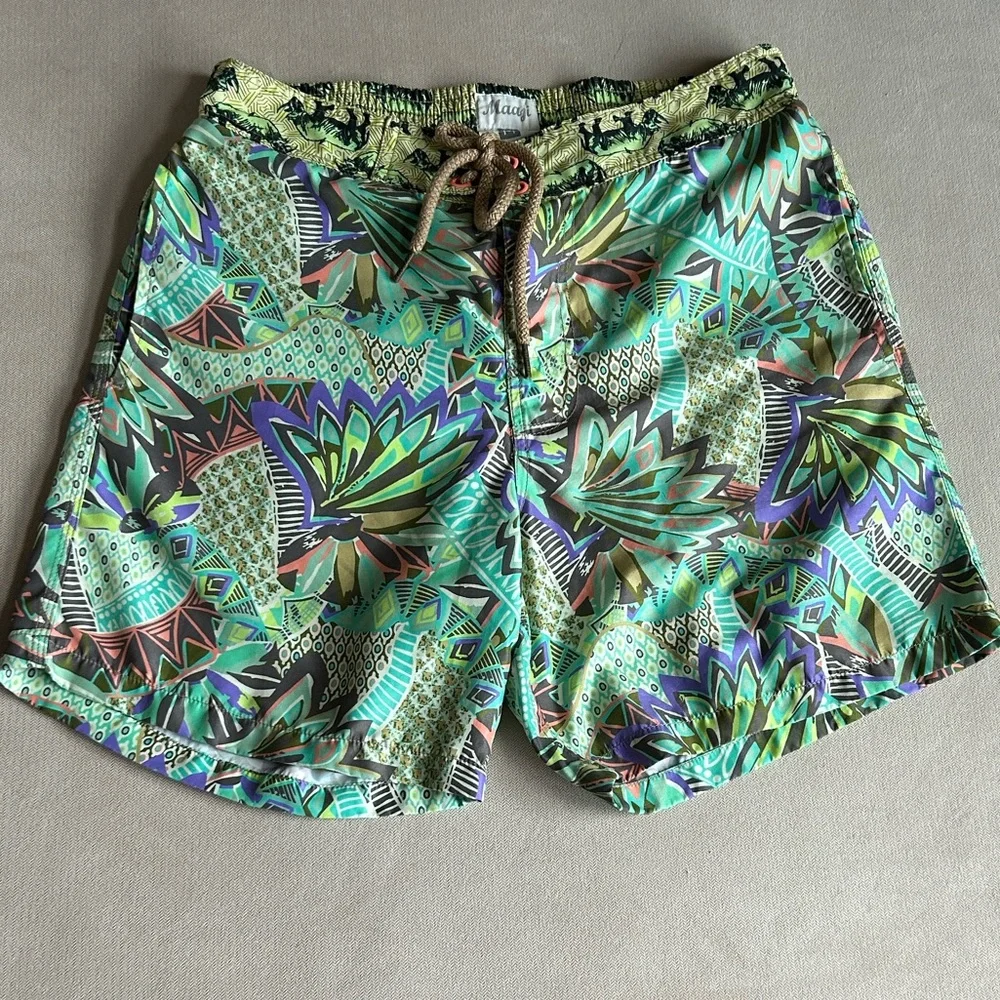 Maaji Tropical Green Patterned with Rino’s on Waistband Men's Swim Shorts Size M